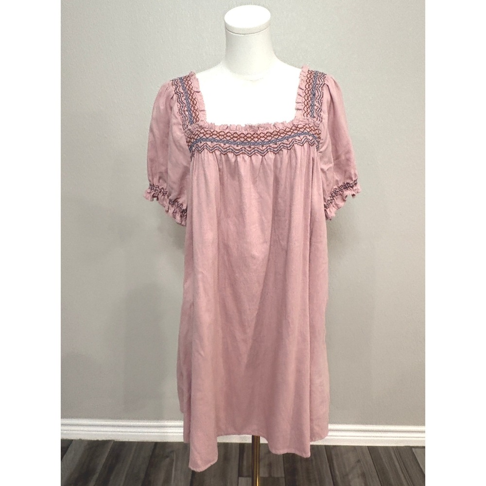 Madewell Smocked Puff Sleeve Midi Dress Pink Linen Blend ND165 Medium